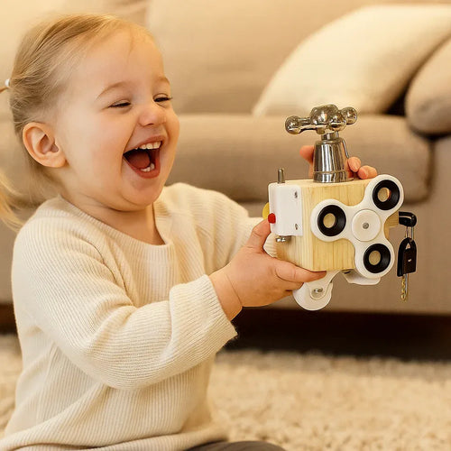 Drewniana kostka Bussy Cube dla maluchów | Zabawka edukacyjna rozwijająca małą motorykę i wczesną naukę sensoryczną