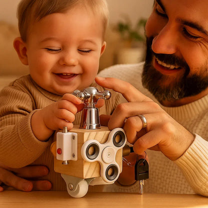 Drewniana kostka Bussy Cube dla maluchów | Zabawka edukacyjna rozwijająca małą motorykę i wczesną naukę sensoryczną